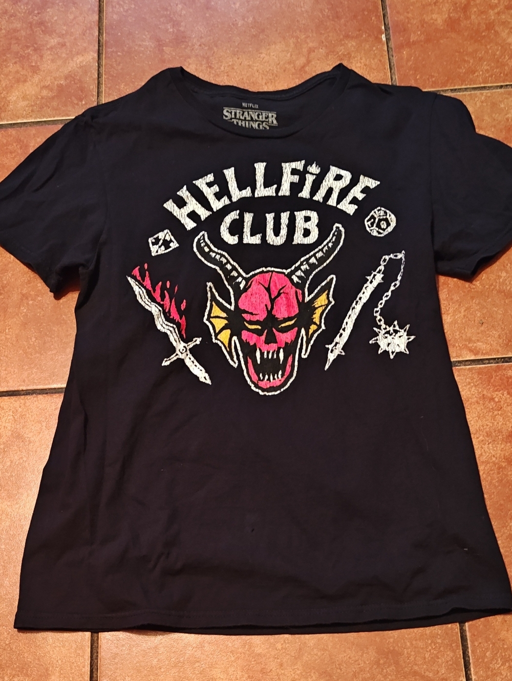 Netflix Stranger Things Hellfire Club Tee - Black with Pink & Yellow Graphic